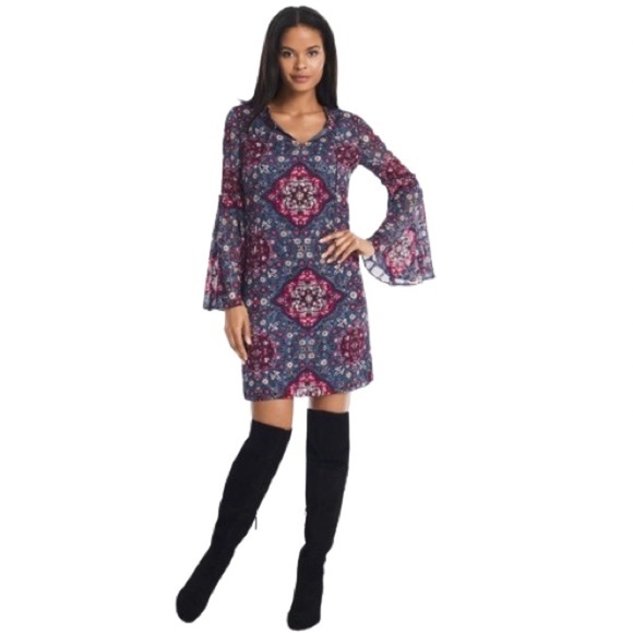 Women's XS WHBM Medallion Print Shift Dress Bell Sleeve 70's style Blue Red Plum - Picture 1 of 10